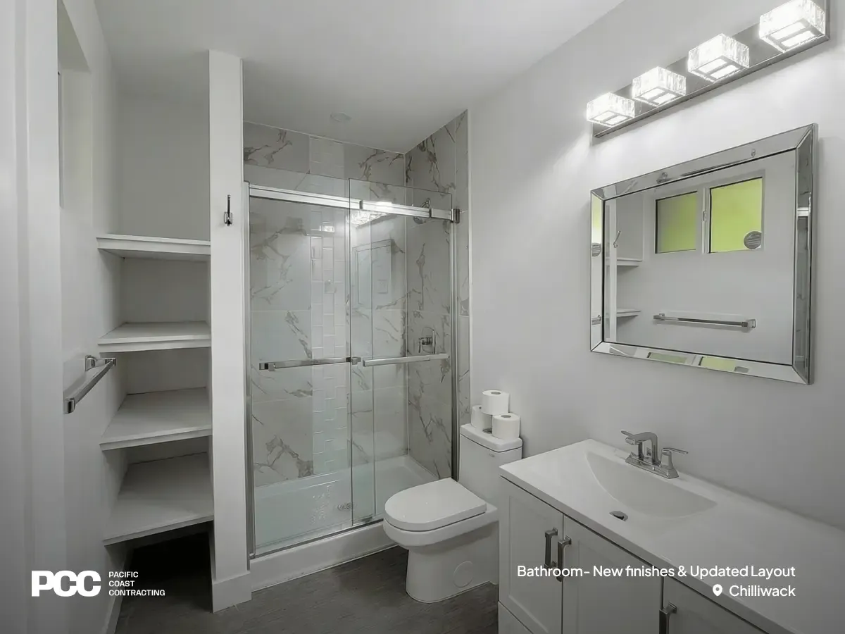 An updated bathroom renovation by Pacific Coast Contracting in Chilliwack featuring a glass-enclosed shower with marble-patterned tile, a modern white vanity, integrated open shelving, and a decorative mirrored medicine cabinet by PCC.